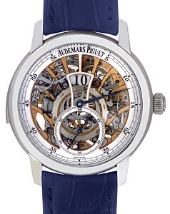 Audemars Piguet 26356PT.OO.D028CR.01 Jules Audemars Openworked Minute Repeater With Jumping Hours And Small Seconds 43mm Silver Openworked Arabic Platinum Leather BRAND NEW