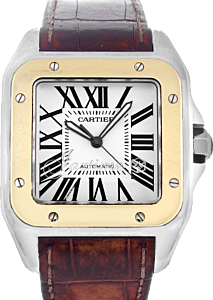 Cartier Santos 100 Yellow Gold/Steel Silver Opaline Roman Dial & Leather Strap W20072X7 - BRAND NEW