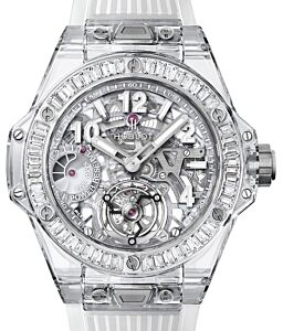 Hublot Big Bang Tourbillon Power Reserve 5 Days Sapphire Baguettes 405.JX.0120.RT.1904 Skeleton Arabic / Index Sapphire Bezel Sapphire Crystal Rubber? 45mm - BRAND NEW