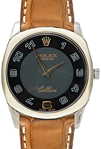 Rolex Cellini Danaos Midsize 4233-9-BLACK-GOLD Black Arabic White Gold Brown Leather Manual BRAND NEW