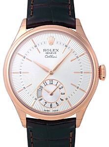 Rolex Cellini Dual Time 50525-SLV Silver Guilloche Index Rose Gold Brown Leather Manual BRAND NEW