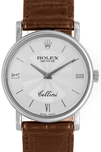 Rolex Cellini Ladies 5115-9 Silver Guilloche Roman / Index White Gold Brown Leather Manual BRAND NEW