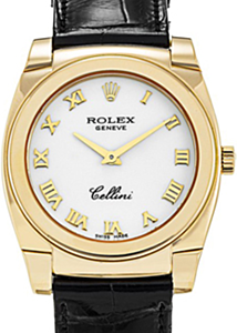 Rolex Cellini Ladies 5320-8 White Roman Yellow Gold Black Leather Manual BRAND NEW