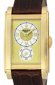 Rolex Cellini Prince 54408 Champagne Clou De Paris Guilloche Roman Yellow Gold Brown Leather Manual