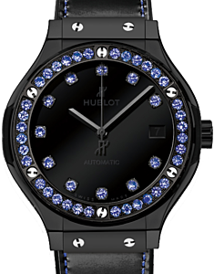 Hublot Classic Fusion Shiny 565.CX.1210.VR.1201 Black Dial Blue Sapphire Bezel Black Ceramic &amp; Leather 38mm BRAND NEW