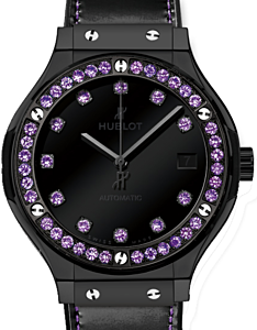 Hublot Classic Fusion Shiny 565.CX.1210.VR.1205 Black Dial Amethyst Bezel Black Ceramic &amp; Leather 38mm BRAND NEW