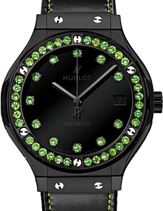 Hublot Classic Fusion Shiny 565.CX.1210.VR.1222 Black Dial Green Tsavorite Bezel Black Ceramic &amp; Leather 38mm BRAND NEW