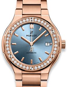 Hublot Classic Fusion King Gold Light Blue Bracelet 568.OX.891L.OX.1204 Blue Index Diamond Bezel King Gold 38mm - BRAND NEW