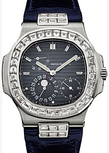 Patek Philippe 5724G-001 Nautilus 40mm Black-Blue Baguette Diamond Bezel Moon Phase Date White Gold Leather Automatic BRAND NEW