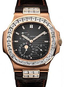 Patek Philippe 5724R-001 Nautilus 40mm Black Baguette Diamond Bezel Moon Phase Date Rose Gold Leather Automatic BRAND NEW