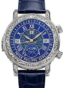 Patek Philippe 6002G-001 Grand Complications Perpetual Calendar Chronograph 33mm Blue Roman White Gold Leather Manual BRAND NEW