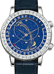 Patek Philippe 6104G-001 Grand Complications Date Chronograph 44mm Blue Sky Chart Baguette Bezel White Gold Leather Manual BRAND NEW