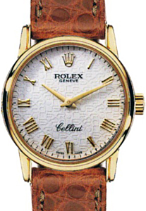 Rolex Cellini Classic 6111-8 White Jubilee Roman Yellow Gold Brown Leather Quartz BRAND NEW