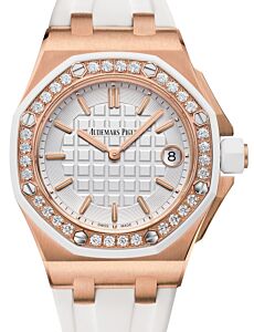 Audemars Piguet 67540OK.ZZ.A010CA.01 Royal Oak Offshore Quartz 37mm White Index Diamond Bezel Rose Gold Rubber 
