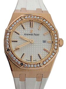 Audemars Piguet Royal Oak Quartz Ladies Rose Gold Silver Index Diamond Bezel 33mm White Rubber 67651OR.ZZ.D010CA.01 - BRAND NEW