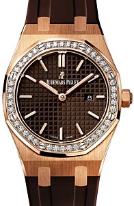 Audemars Piguet Royal Oak Quartz Ladies Rose Gold Brown Index Diamond Bezel 33mm Rubber 67651OR.ZZ.D080CA.01 - BRAND NEW