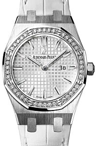 Audemars Piguet Royal Oak Quartz Ladies Stainless Steel Silver Index Diamond Bezel 33mm Leather 67651ST.ZZ.D011CR.01 