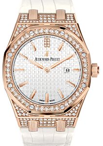 Audemars Piguet  Royal Oak Quartz Ladies Rose Gold Silver Index Diamond Bezel 33mm Leather Strap 67652OR.ZZ.D011CR.01