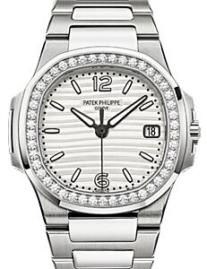 Patek Philippe Nautilus Ladies White Gold Diamond Bezel Silver Dial 7010/1G-011