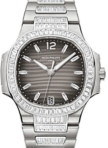 Patek Philippe 7014/1G-001 Nautilus Ladies 33.6mm Charcoal Diamond White Gold Diamond Set Date BRAND NEW