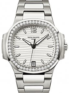 Patek Philippe 7018/1A-001 Nautilus Ladies 33.6mm Silver Index Diamond Bezel Stainless Steel Diamond Set Date BRAND NEW