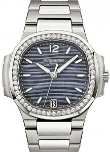 Patek Philippe 7018/1A-010 Nautilus Ladies 33.6mm Blue Mother of Pearl Index Diamond Bezel Stainless Steel Date BRAND NEW
