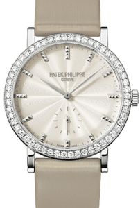 Patek Philippe 7120G-001 Calatrava Ladies 31mm Cream Guillouche Diamond Bezel White Gold Leather Manual BRAND NEW