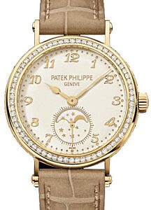 Patek Philippe Complications Moon Phase Manual Ladies Yellow Gold Diamond Bezel 33mm Cream Dial Alligator Leather Strap 7121J-001 - BRAND NEW