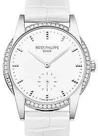Patek Philippe 7122-200G-001 Ladies Calatrava 33mm White Hobnail Index Diamond Bezel White Gold Leather BRAND NEW