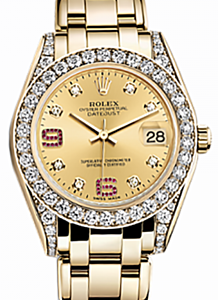 Rolex Pearlmaster 34 81158 Champagne Diamond Set Arabic 6 & 9 set with Rubies Yellow Gold BRAND NEW