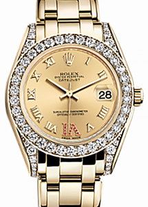 Rolex Pearlmaster 34 81158 Champagne Roman Diamond Set VI set with Rubies Yellow Gold BRAND NEW