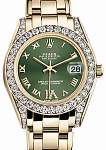 Rolex Pearlmaster 34 81158 Olive Green Roman Diamond Set Yellow Gold BRAND NEW