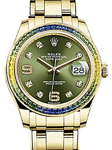 Rolex Pearlmaster 39 86348SABLV Olive Green Diamond Set with Sapphires Yellow Gold BRAND NEW