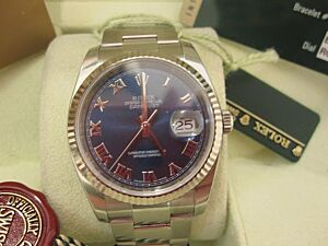 Rolex Datejust 116234 Blue Roman 18k White Gold Fluted Bezel Mens 36mm Stainless Steel 