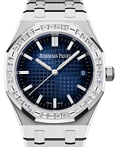 Audemars Piguet Royal Oak 34mm White Gold Diamond Set Bezel Blue Diamond Baguette Dial 77451BC.ZZ.1261BC.01