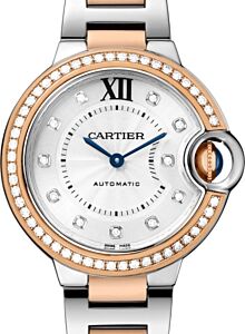 Cartier Ballon Bleu De Cartier Ladies Watch Automatic Stainless Steel Rose Gold Diamond Bezel 33mm Silver Diamond Dial WE902077 - BRAND NEW