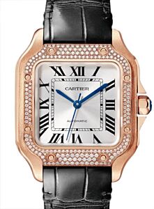 Santos De Cartier Medium Rose Gold Diamond Bezel Silver Dial WJSA0012