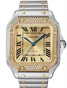Santos de Cartier Medium Steel/Yellow Gold Diamond Bezel Golden Dial W3SA0007
