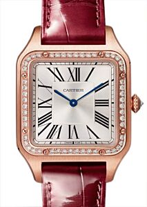 Santos-Dumont Large Quartz Rose Gold Diamond Bezel Silver Dial WJSA0016