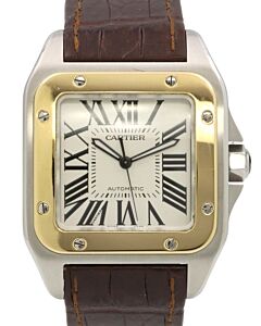 Cartier Santos 100 Yellow Gold/Steel Silver Opaline Roman Dial & Leather Strap W20072X7 - PRE-OWNED