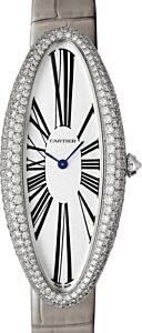 Cartier Baignoire Ladies Watch Extra-Large Manual Winding White Gold Diamond Bezel Silver Dial Alligator Leather Strap WJBA0009 - BRAND NEW