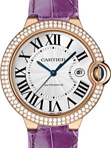 Cartier Ballon Bleu de Cartier Ladies Watch Automatic Rose Gold Diamond Bezel 42mm Silver Dial Alligator Leather Strap WJBB0031 - BRAND NEW