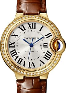 Cartier Ballon Bleu de Cartier Ladies Watch Automatic Yellow Gold Diamond Bezel 33mm Silver Dial Alligator Leather Strap WJBB0040 - BRAND NEW
