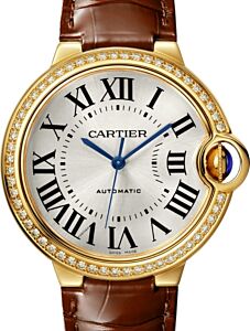 Cartier Ballon Bleu de Cartier Ladies Watch Automatic Yellow Gold Diamond Bezel 36mm Silver Dial Alligator Leather Strap WJBB0041 - BRAND NEW
