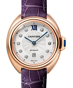 Cartier Cle De Silver Diamond Dial Rose Gold Bezel Purple Leather Strap 31mm WJCL0031 - BRAND NEW