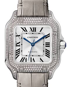 Santos De Cartier Medium White Gold Diamond Bezel Silver Dial WJSA0014