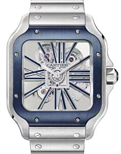 Santos de Cartier Large Steel Blue Skeleton Dial WHSA0026
