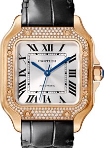 Cartier Santos de Cartier Medium Automatic Rose Gold Diamond Bezel Silver Dial Alligator Leather Strap WJSA0007 - BRAND NEW
