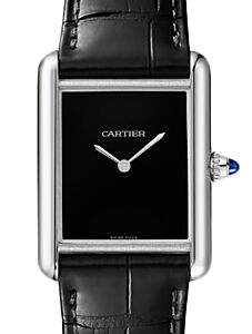 Cartier Tank Must Large Quartz Stainless Steel Black Dial Leather Strap WSTA0108