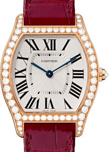 Cartier Tortue Women's Watch Medium Manual Winding Rose Gold Diamonds Silver Dial Alligator Leather Strap WA501008 - BRAND NEW